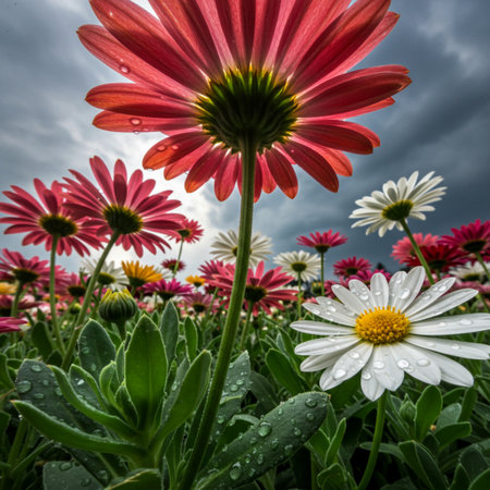 Beautiful daisies with raindrops on the background of the skyの素材