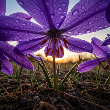 Purple crocus flowers with raindrops in the early spring.の素材