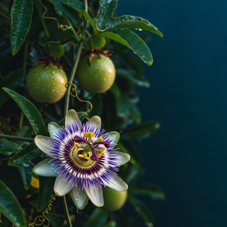 Passion fruit (Passiflora caerulea) on dark backgroundの素材