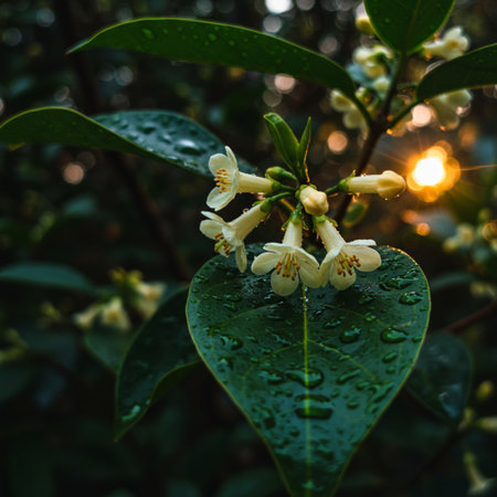 Beautiful white flowers with raindrops on green leaves in the gardenの素材