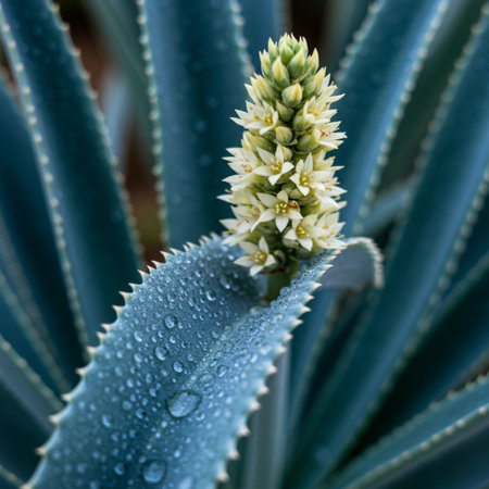 Aloe vera plant with white flowers and green leaves, close upの素材