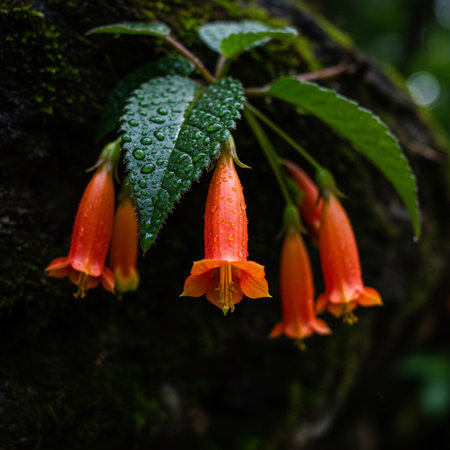 Close up of orange trumpet creeper flowers in the rainforestの素材