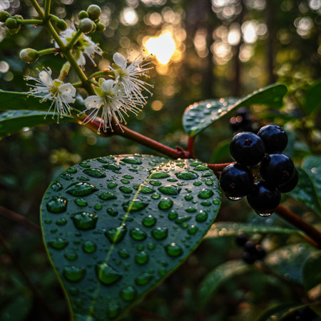 Branch of a wild blackberry with water drops on it.の素材