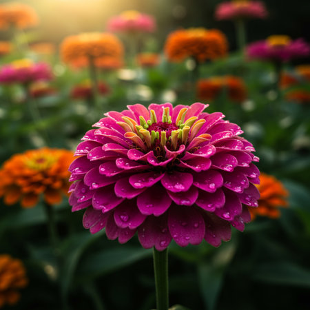 Colorful zinnia flower blooming in the garden with sunlight.の素材