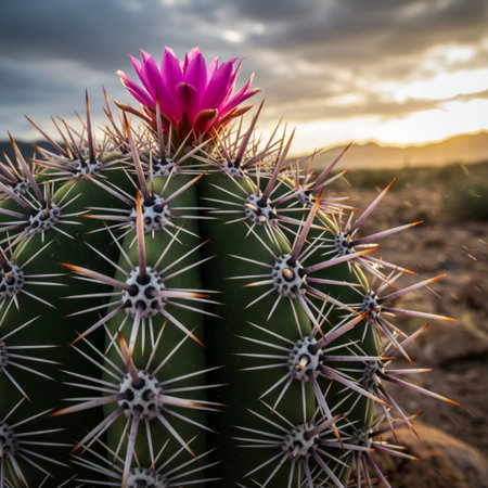 Close up of cactus with pink flower in the desert at sunsetの素材