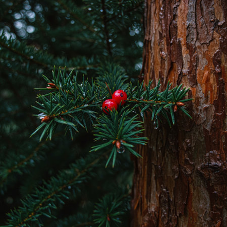 Pine branch with red berries on a background of green leaves.の素材