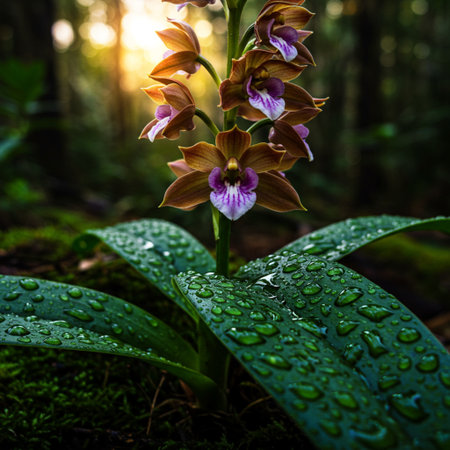 Beautiful blooming orchid in the forest with dew dropsの素材