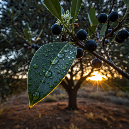 Olive tree with black olives and dew drops at sunsetの素材