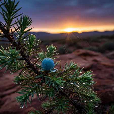 A small snail sits on a branch of a pine tree in the desert.の素材
