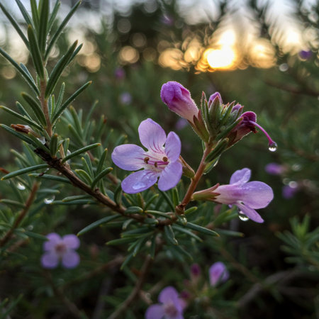 Flowering rosemary in the garden at sunset. Selective focus.の素材