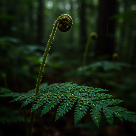 Fern in the forest with dew drops on the leaves.の素材