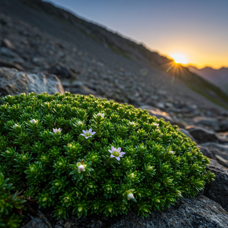 beautiful small flowers in the mountains at sunset, close-upの素材