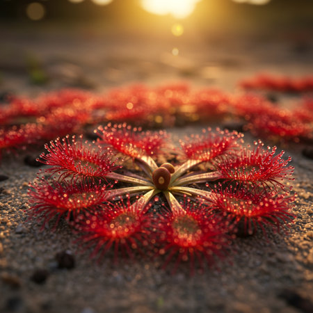 Carnivorous plant with red flowers on the ground at sunsetの素材