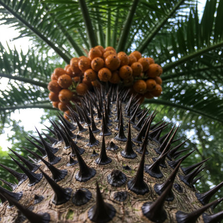 close up of a palm tree with fruits and leaves in the backgroundの素材