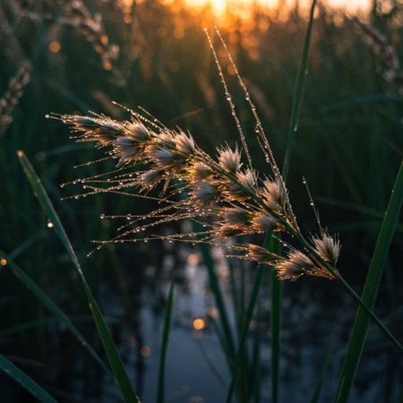 Beautiful grass flowers in the meadow at sunset. Nature backgroundの素材