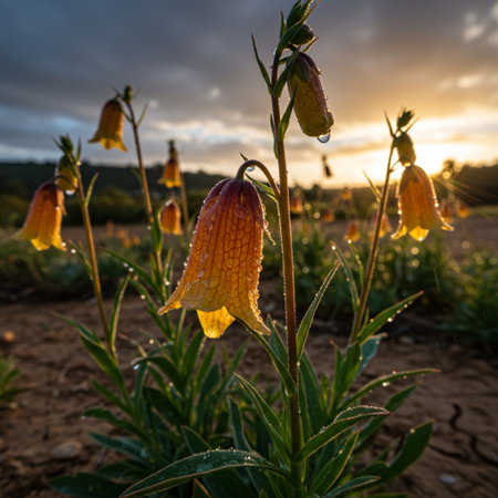Fritillaria imperialis flowers in the field at sunset.の素材