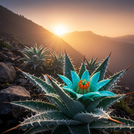 Beautiful aloe vera plant with sunrise in the background.の素材