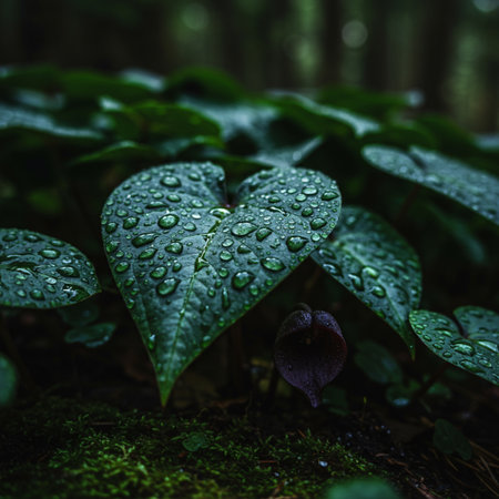 Water drops on the leaves of a plant in the rain forest.の素材
