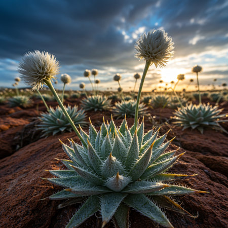 Aloe vera plant at sunset in the arid desert of Spainの素材