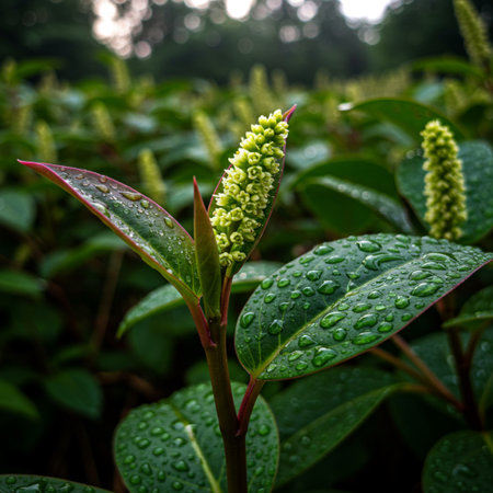 Water droplets on the green leaves of a plant in the garden.の素材