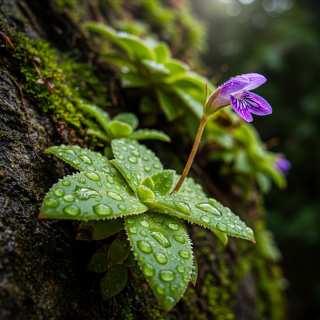 Beautiful purple flower with raindrops on the bark of a treeの素材