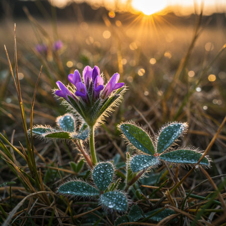Purple meadow flower with morning dew. Shallow depth of field.の素材