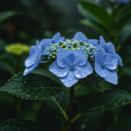 Blue Hydrangea macrophylla flowers with water drops on petalsの素材