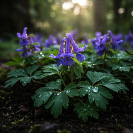 Beautiful blue corydalis cava flowers in spring forestの素材