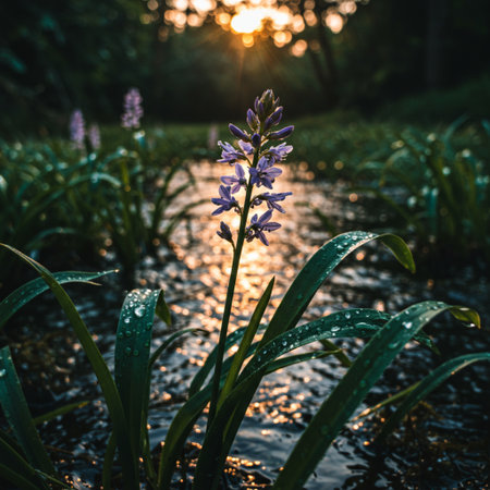 Beautiful purple hyacinth flowers blooming in the field at sunsetの素材