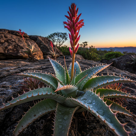 Aloe vera plant with red flowers at sunset, Cape Town, South Africaの素材