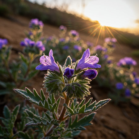 Purple flowers on the background of the setting sun. The concept of natural beauty.の素材