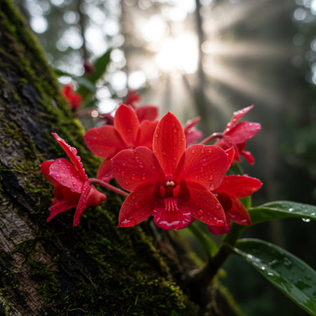 Beautiful red orchids blooming in the rainforest.の素材