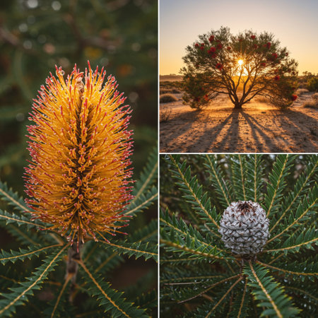 Collage of beautiful photos of Australian pine tree and protea flowersの素材
