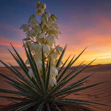 White yucca flowers in the desert at sunset, Sossusvlei, Namibiaの素材