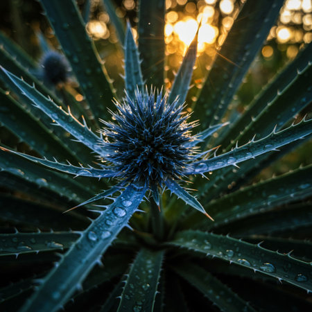 Close-up of an agave plant with blue thorns at sunsetの素材