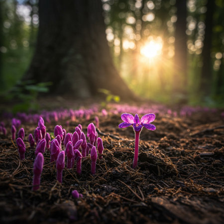 Beautiful purple flowers in the forest at sunset. Shallow depth of fieldの素材