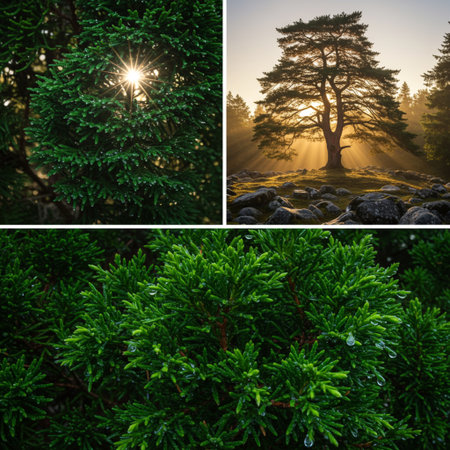 Collage of pine tree in the morning light. Nature background.の素材