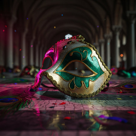Traditional Venetian carnival mask on the ground. Selective focus.の素材