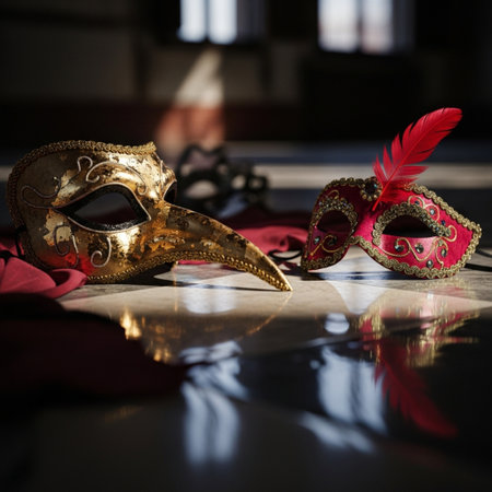 Photo of elegant and delicate Venetian carnival mask over dark backgroundの素材