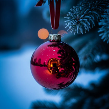 Christmas tree with red glass ball and bokeh lights background.の素材