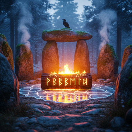 Fantasy landscape with magic ritual stone altar in the forest. 3d renderingの素材