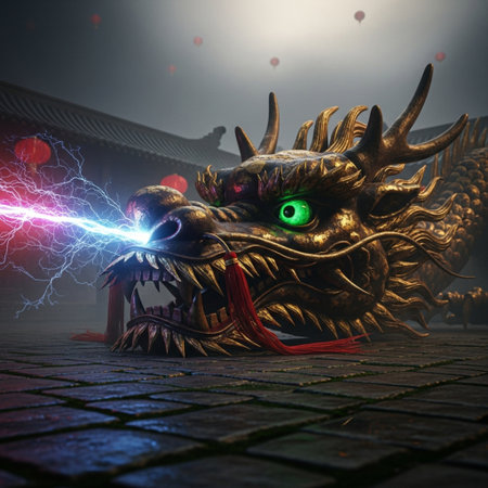 Dragon with fire and lightning in the Chinese temple. 3D renderingの素材