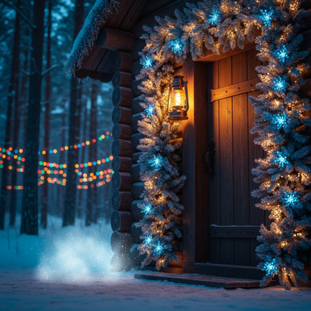 Beautiful Christmas decorations in a wooden house in the winter forest.の素材