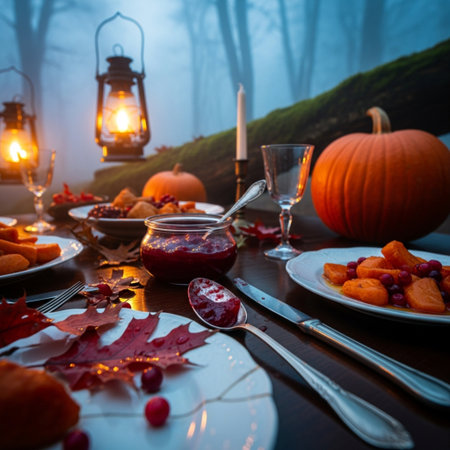 Halloween dinner table with pumpkins, berries and candles. Halloween concept.の素材