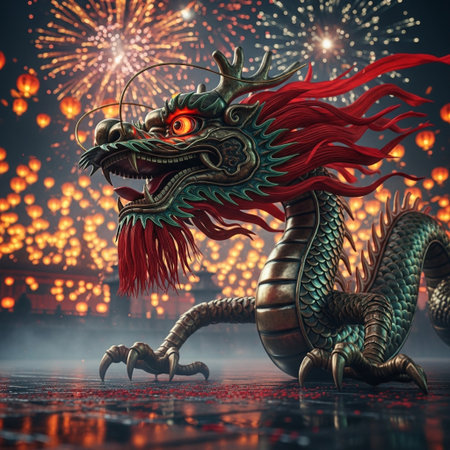 Chinese dragon with firework in the background. 3D rendering.の素材