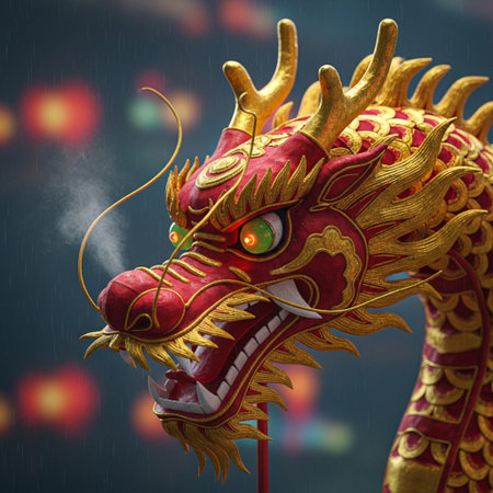 Chinese dragon statue in the rain with bokeh background, 3d illustrationの素材
