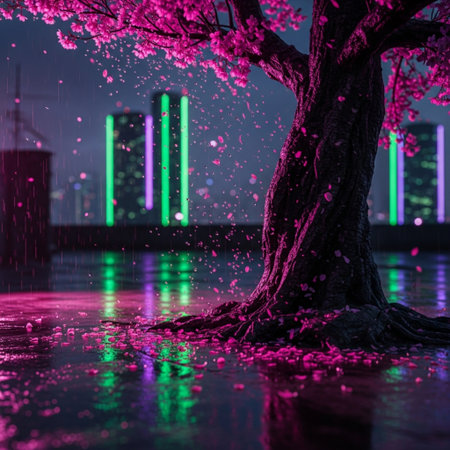 Cherry blossom tree in the rain at night with neon lightsの素材