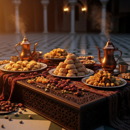Traditional oriental sweets and arabic tea set on the tableの素材