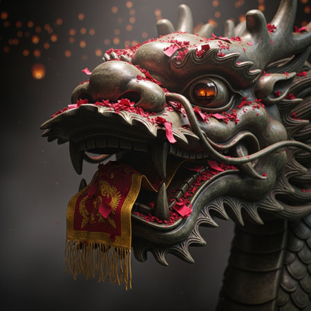 Chinese dragon head on dark background, closeup of photo with selective focusの素材