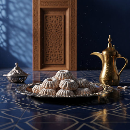 Arabic sweets on a blue background. Ramadan Kareem greeting card.の素材